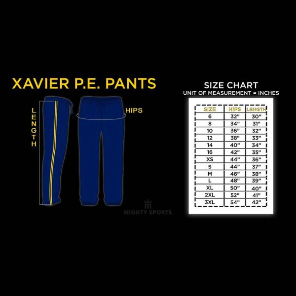 xs pe uniform jogging pants size chart